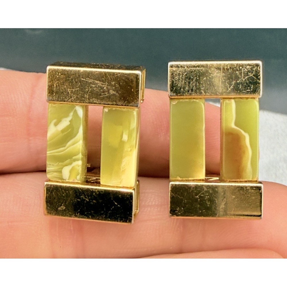 Vintage Orena Paris Earrings Green Lucite Gold Tone Signed‎